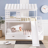 Twin over Twin House Bunk Bed with Trundle and Slide, Storage Staircase,Roof and Window Design, White - Home Elegance USA