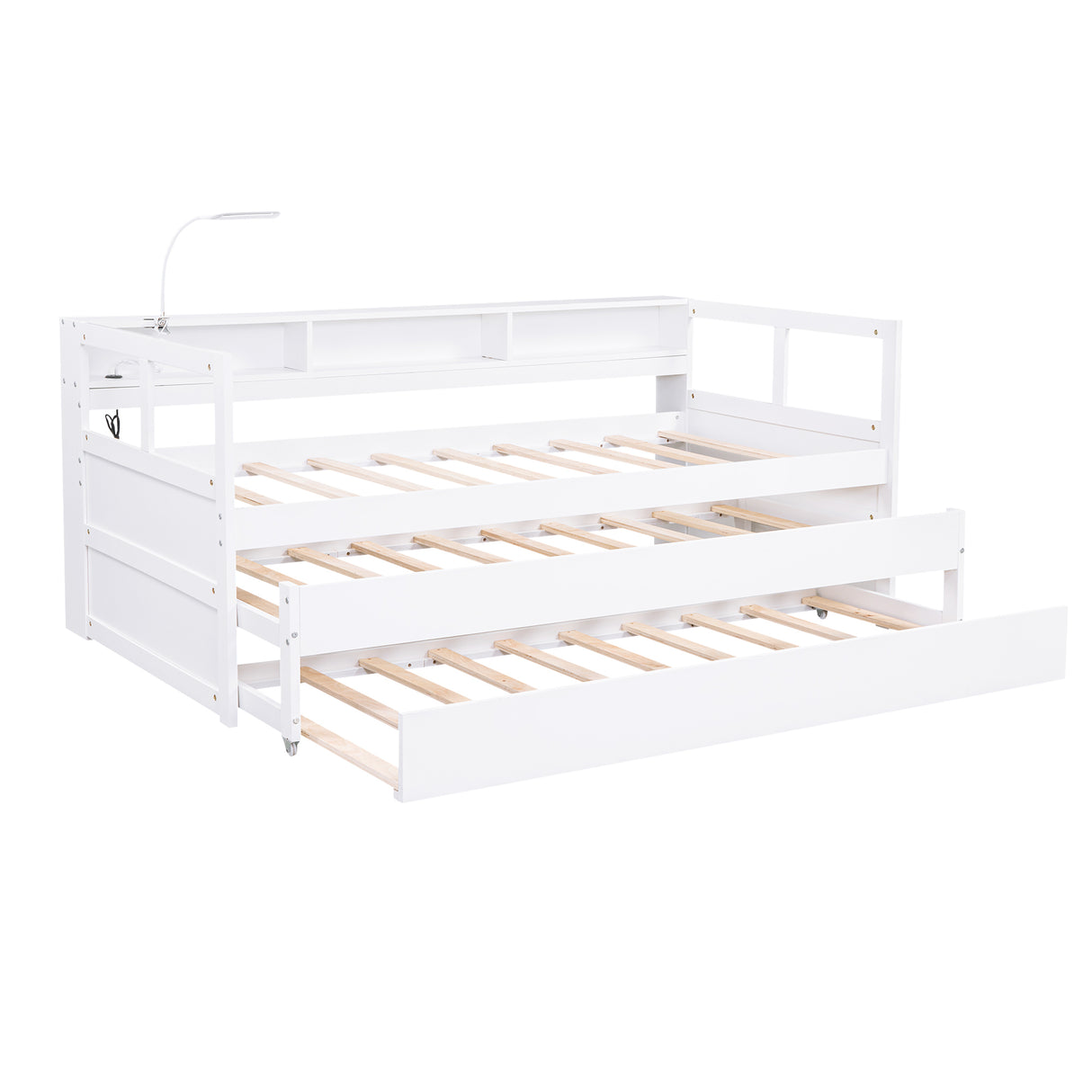 Twin XL Wood Daybed with 2 Trundles, 3 Storage Cubbies, 1 Light for Free and USB Charging Design, White - Home Elegance USA