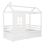 Twin Size House Bed Wood Bed with Two Drawers ( White ) - Home Elegance USA