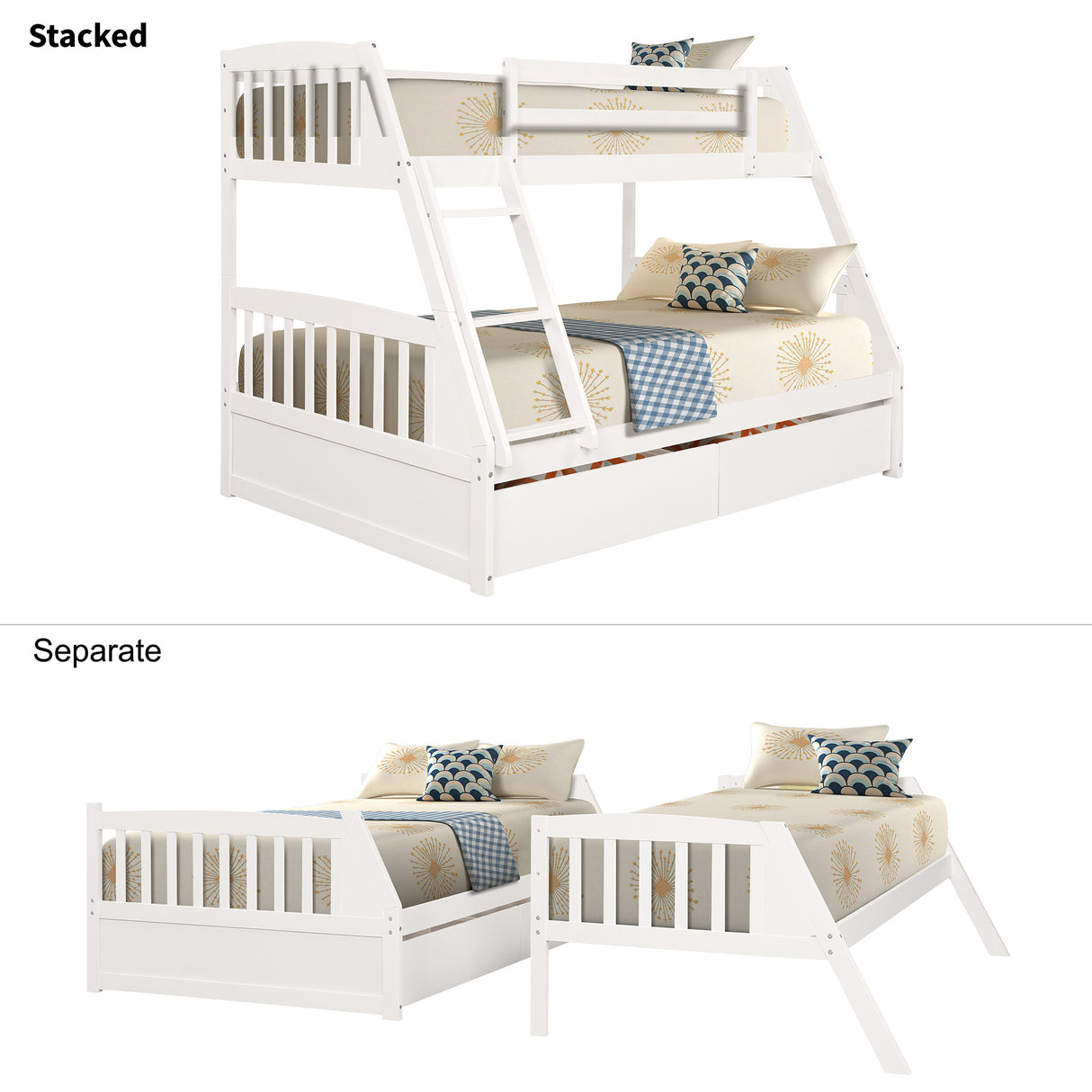 TOPMAX Solid Wood Twin Over Full Bunk Bed with Two Storage Drawers, White