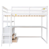 Full Size Loft Bed with Desk and Shelves,Two Built-in Drawers,White - Home Elegance USA