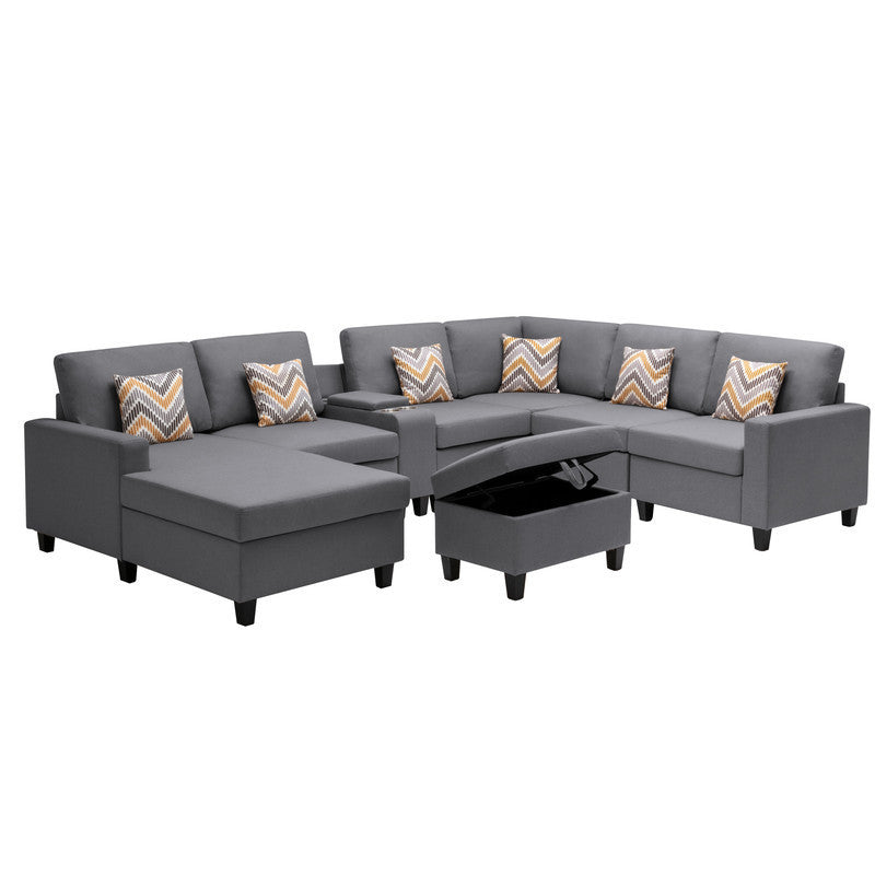 Nolan Gray Linen Fabric 8Pc Reversible Chaise Sectional Sofa with Interchangeable Legs, Pillows, Storage Ottoman, and a USB, Charging Ports, Cupholders, Storage Console Table - Home Elegance USA