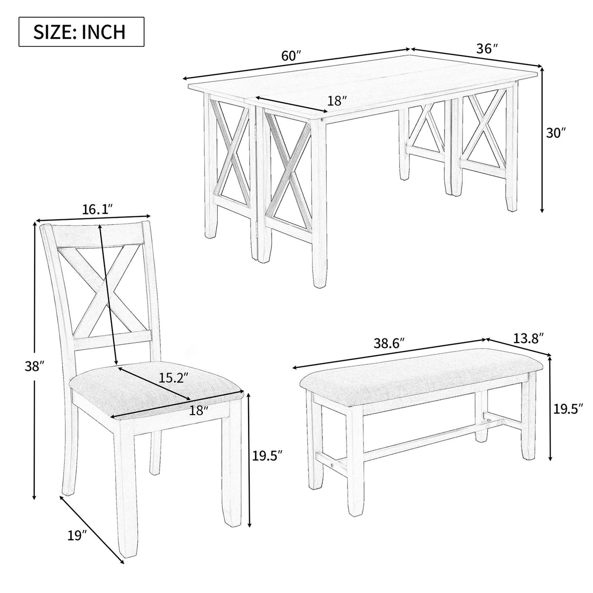 TREXM 6-Piece Family Dining Room Set Solid Wood Space Saving Foldable Table and 4 Chairs with Bench for Dining Room (Gray) - Home Elegance USA