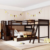 Twin over Full L-Shaped Bunk Bed With 3 Drawers, Ladder and Staircase - Espresso - Home Elegance USA