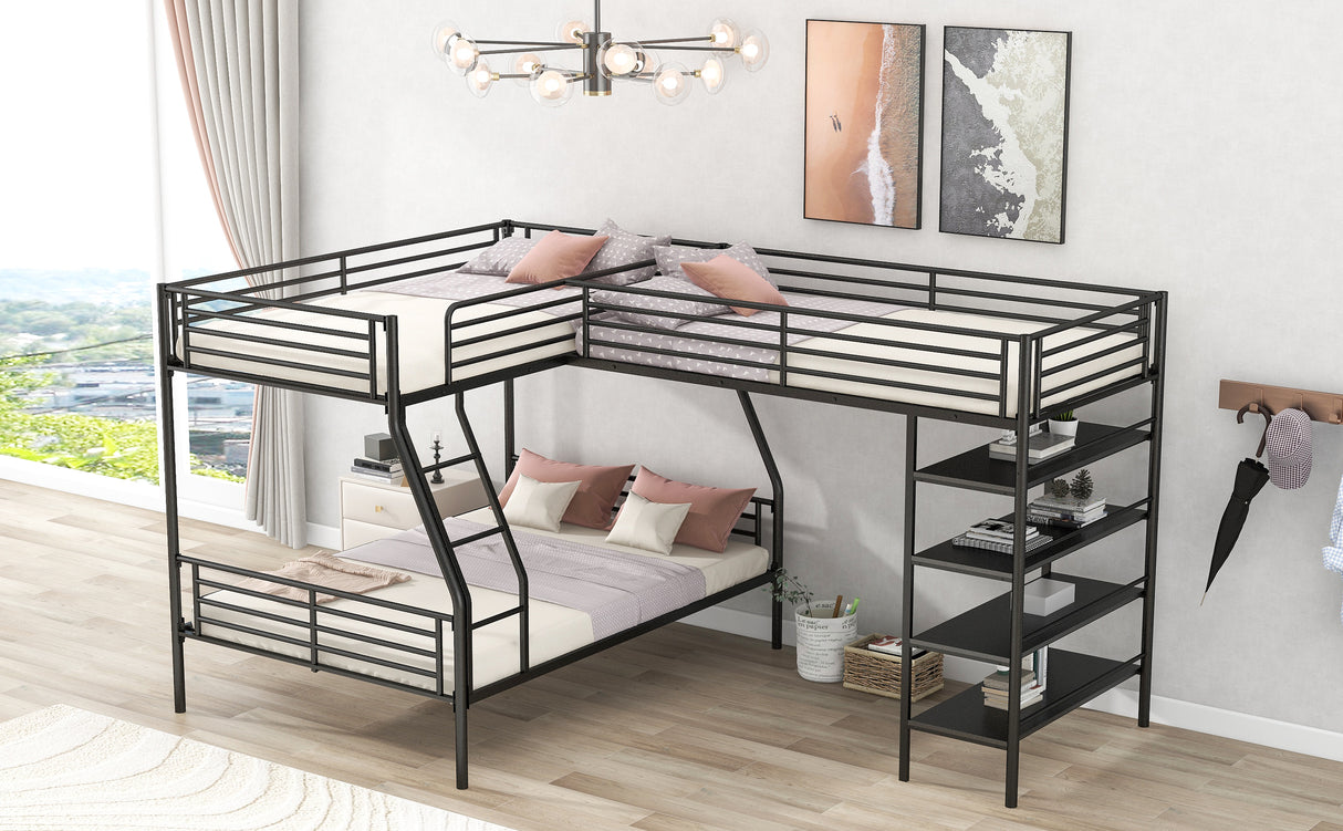 L-Shaped Metal Twin over Full Bunk Bed and Twin Size Loft Bed with Four Built-in Shelves,Black - Home Elegance USA