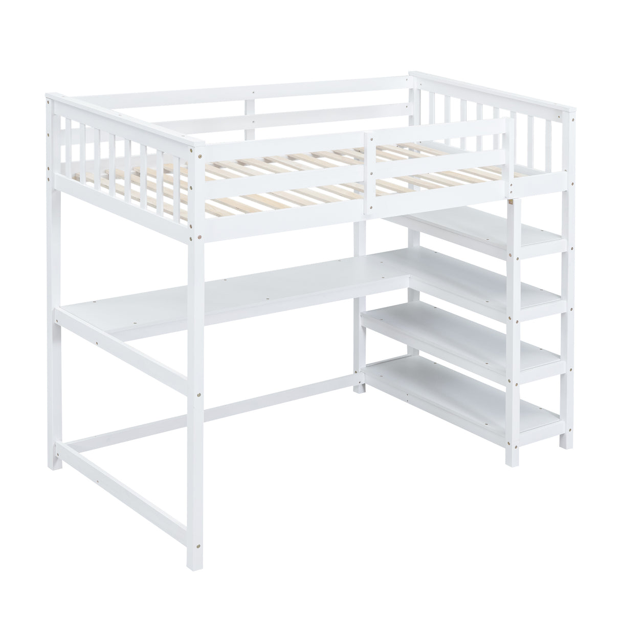 Twin Size Loft Bed with Storage Shelves and Under-bed Desk, White - Home Elegance USA