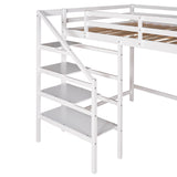 Full Size Loft Bed with Built-in Storage Staircase and Hanger for Clothes,White - Home Elegance USA
