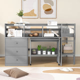 Full Size Low Loft Bed with Rolling Portable Desk, Drawers and Shelves,  Gray - Home Elegance USA