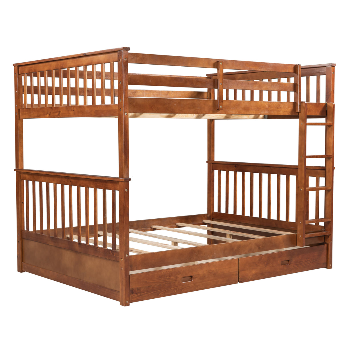 Full-Over-Full Bunk Bed with Ladders and Two Storage Drawers (Walnut) - Home Elegance USA