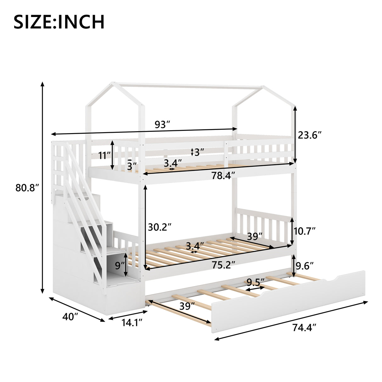 Multifunctional Twin over Twin House Bunk Bed with Staircase and Storage Space,White - Home Elegance USA