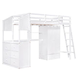 Twin Size Loft Bed with Wardrobe and Drawers, attached Desk with Shelves, White - Home Elegance USA