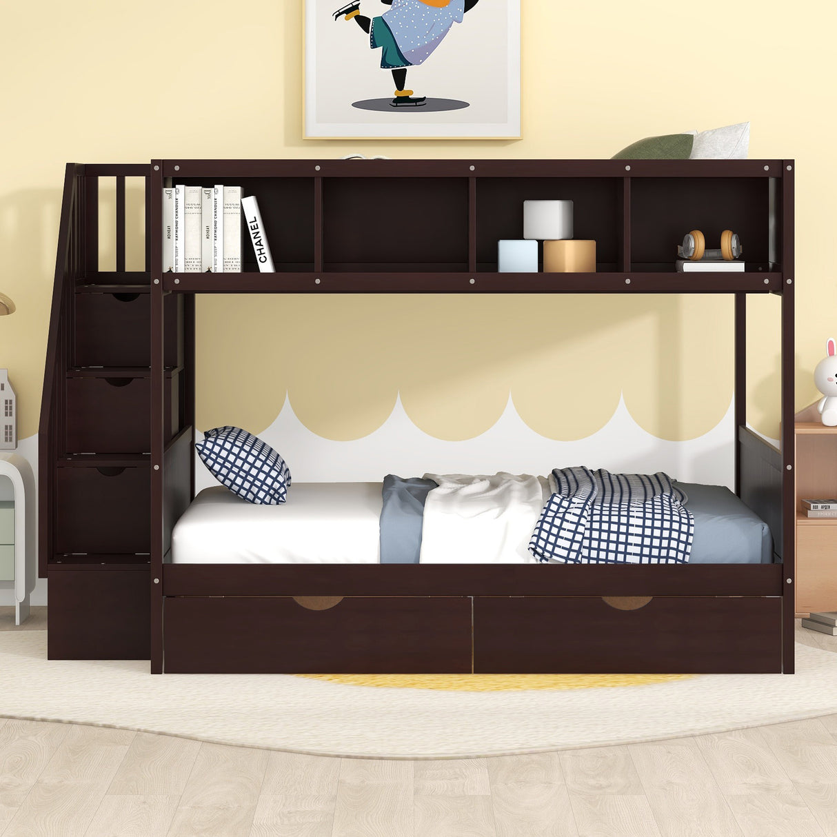 Twin over Full Bunk Bed with Shelfs, Storage Staircase and 2 Drawers, Espresso - Home Elegance USA