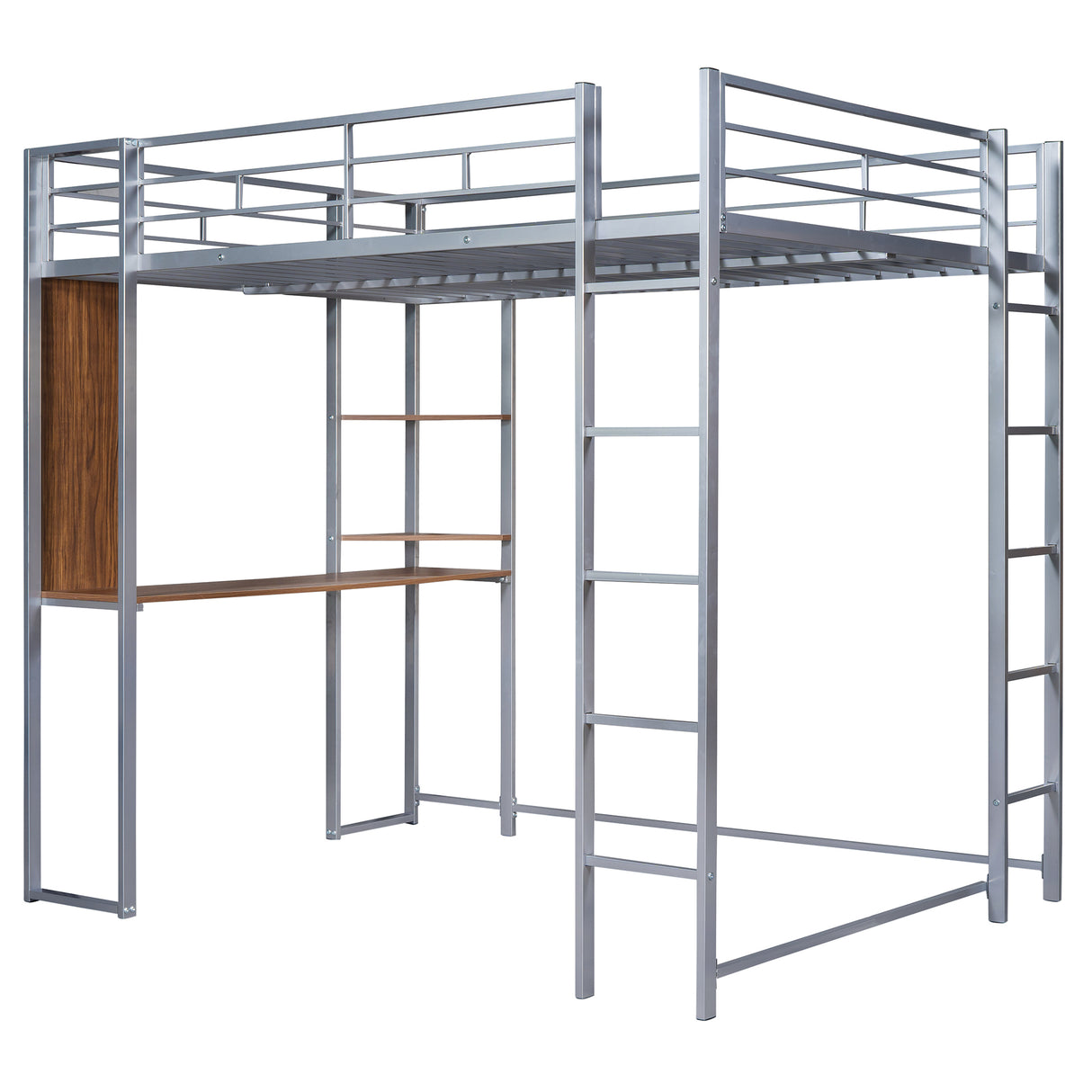 Full Size Metal Loft Bed with 2 Shelves and one Desk ,Silver (Old SKU: LP000191AAN )