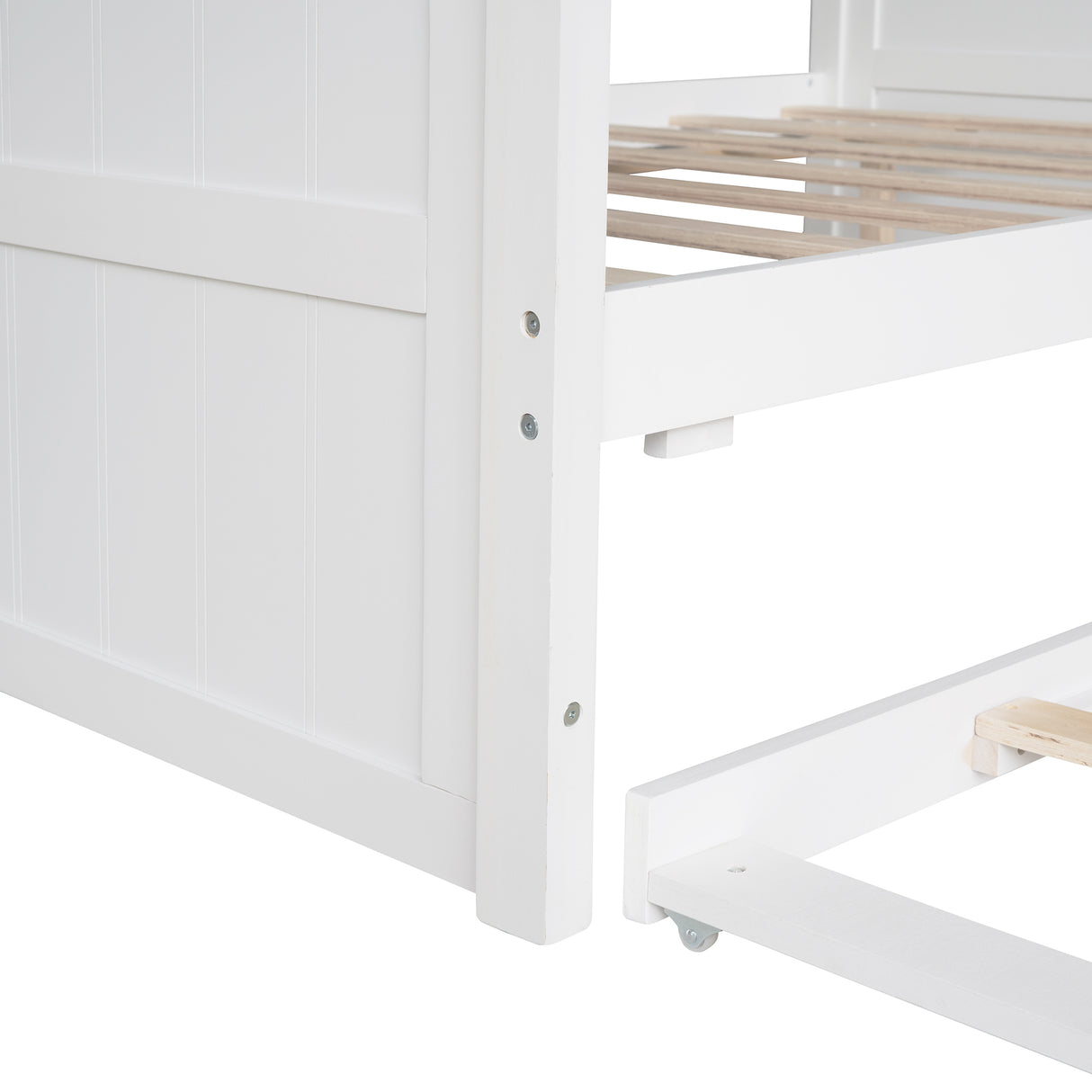 Full Size Wood House Bed With Twin Size Trundle, Wooden Daybed, White With Gray Roof - Home Elegance USA