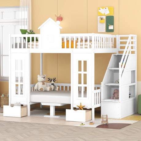 Full-Over-Full Bunk Bed with Changeable Table ,Bunk Bed Turn into Upper Bed and Down Desk - White - Home Elegance USA