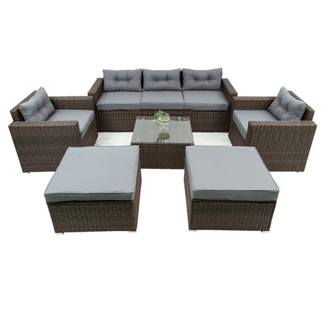 6 Piece Patio Rattan Wicker Outdoor Furniture Conversation Sofa Set with Removeable Cushions and Temper glass TableTop - W329S00061 - image - 2