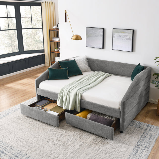 Full Size Daybed with Two Drawers Trundle Upholstered Tufted Sofa Bed, Linen Fabric, Grey (82.5"x58"x34")