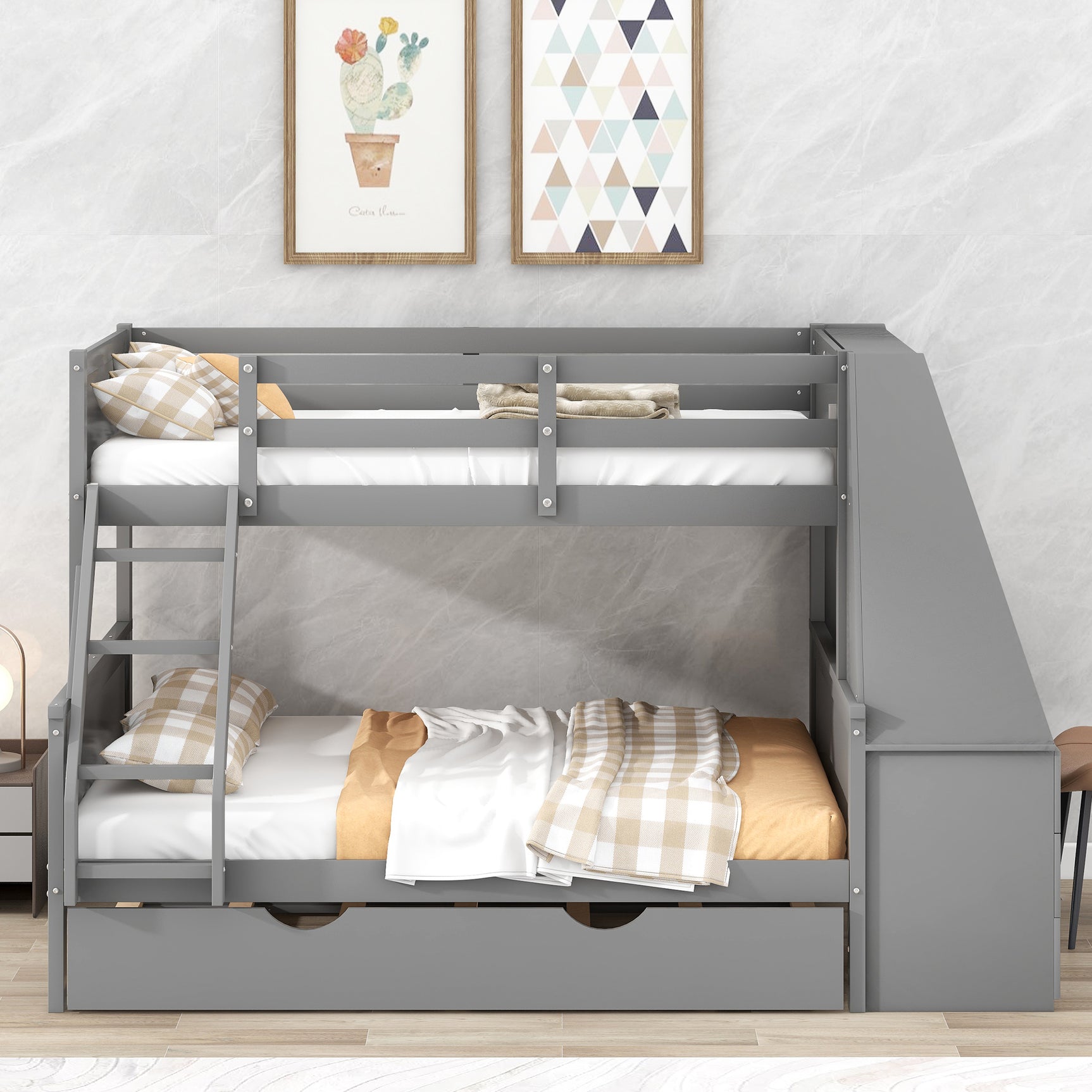 Twin over Full Bunk Bed with Trundle and Built-in Desk, Three Storage Drawers and Shelf,Gray - Home Elegance USA