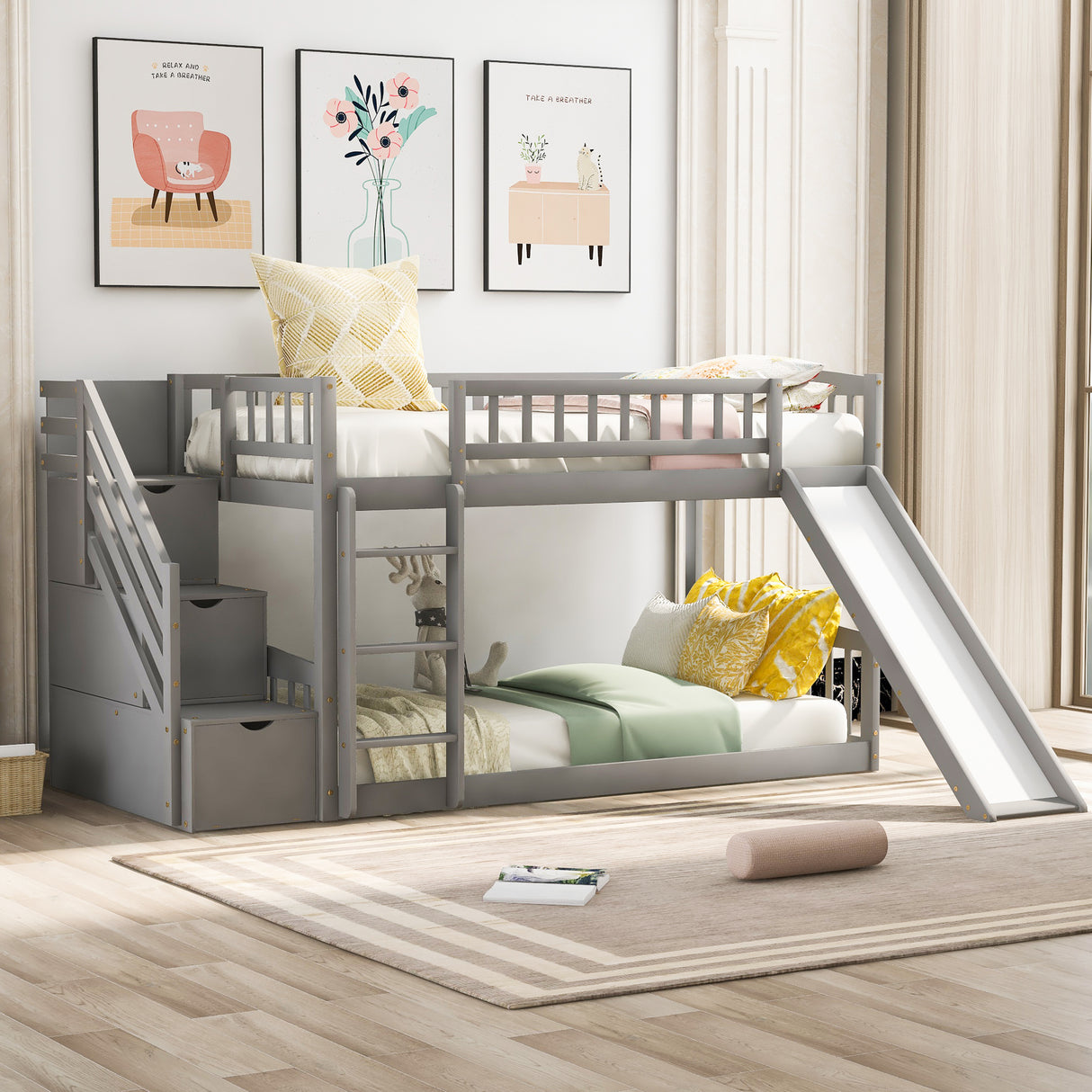 Stairway Twin over Twin Bunk Bed with Two Drawers and Slide, Gray(OLD SKU :LT000155AAE) - Home Elegance USA