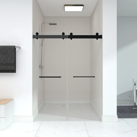Frameless Double Sliding Shower, 57" - 60" Width, 79" Height, 3/8" (10 mm) Clear Tempered Glass, , Designed for Smooth Door Closing With Upgraded Crashproof System Technology Matte Black Finish