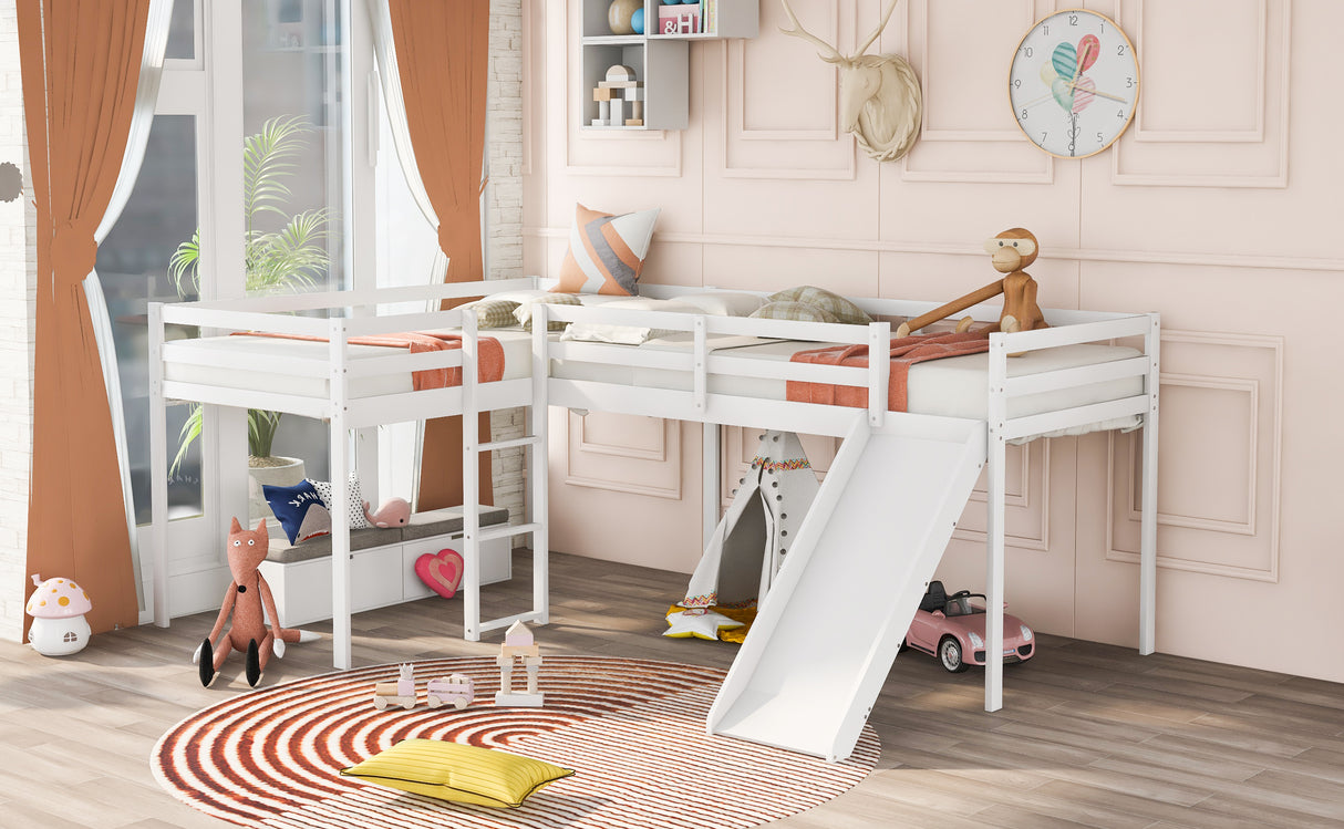 L-Shaped Twin Size Loft Bed with Ladder and Slide, White - Home Elegance USA