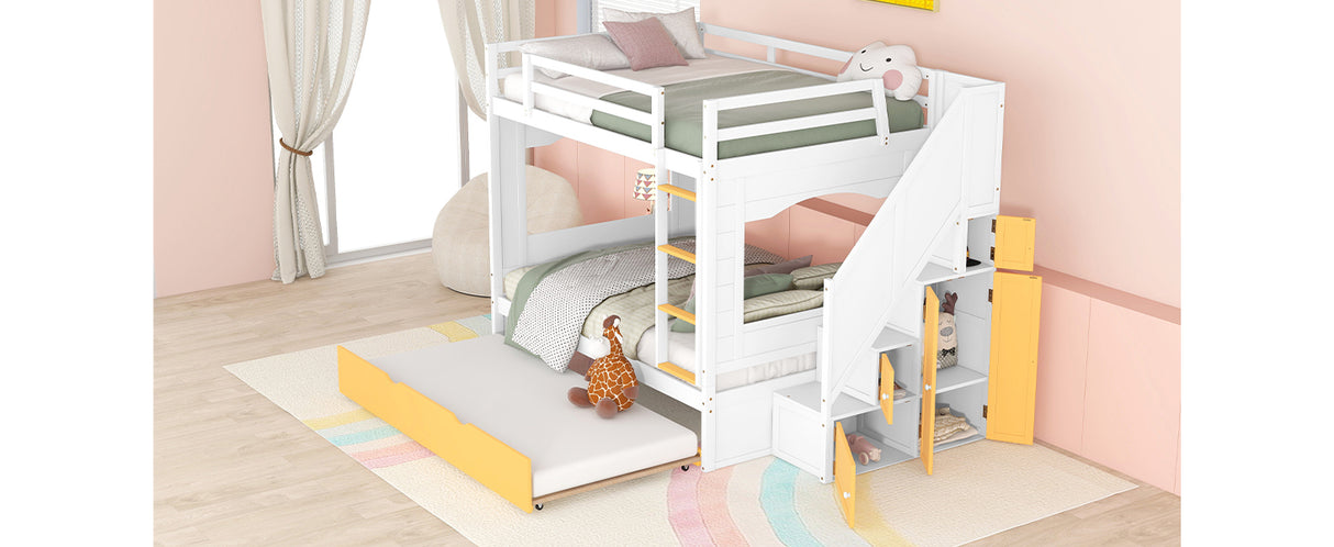 Full Over Full Bunk Bed with Trundle ,Stairs,Ladders Solid Wood Bunk bed with Storage Cabinet （White + Yellow） - Home Elegance USA