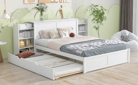 Queen Size Storage Platform Bed with Pull Out Shelves and Twin  XL Size Trundle, White - Home Elegance USA