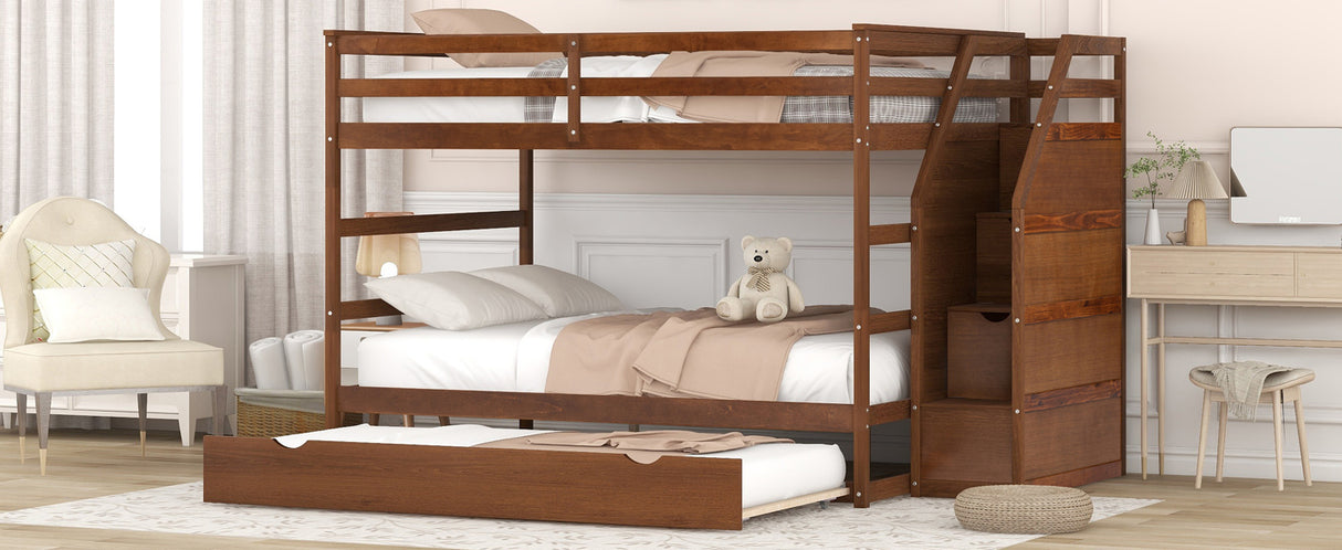 Full-over-Full Bunk Bed with Twin Size Trundle and 3 Storage Stairs,Walnut - Home Elegance USA