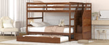 Full-over-Full Bunk Bed with Twin Size Trundle and 3 Storage Stairs,Walnut - Home Elegance USA