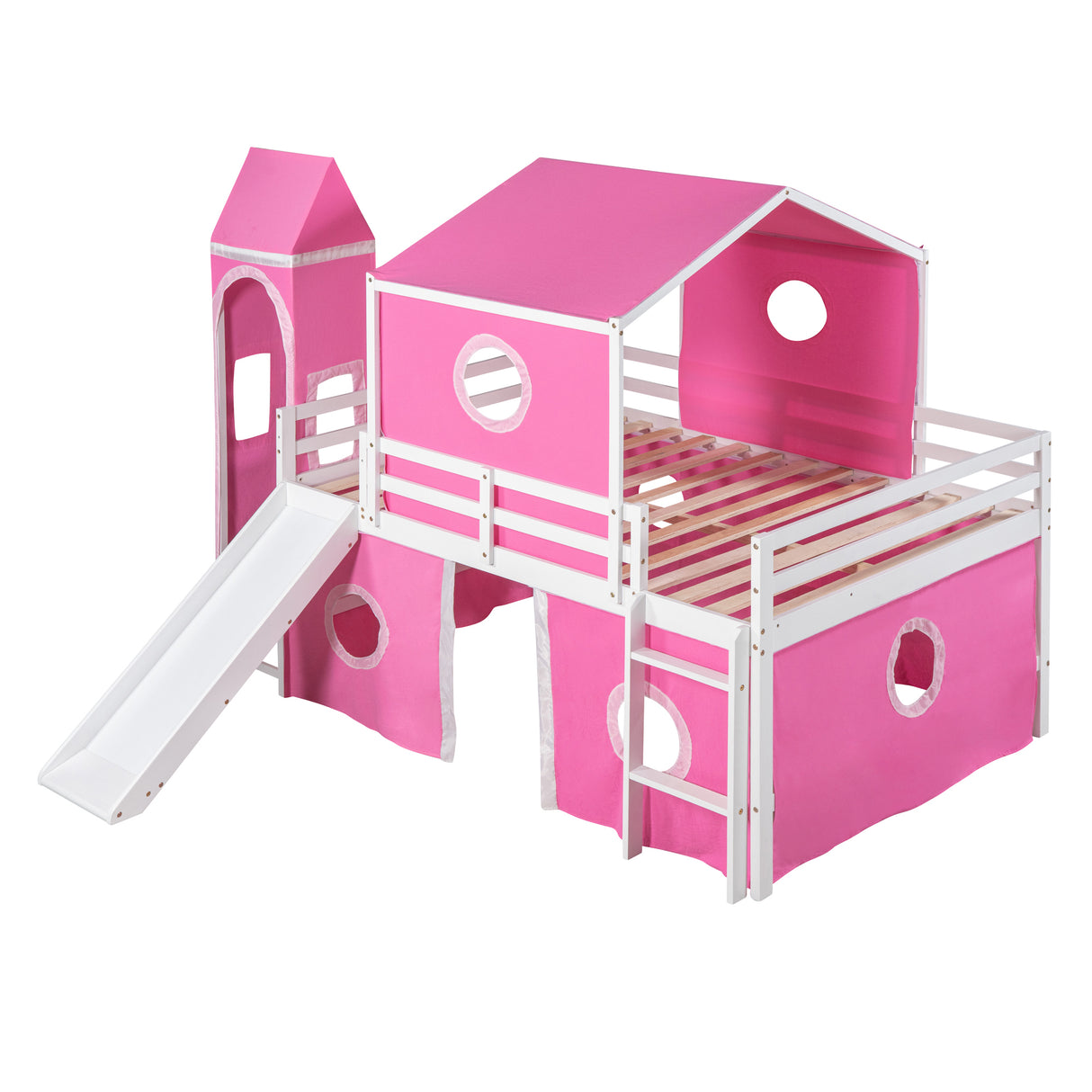 Full Size Bunk Bed with Slide Pink Tent and Tower - Pink - Home Elegance USA