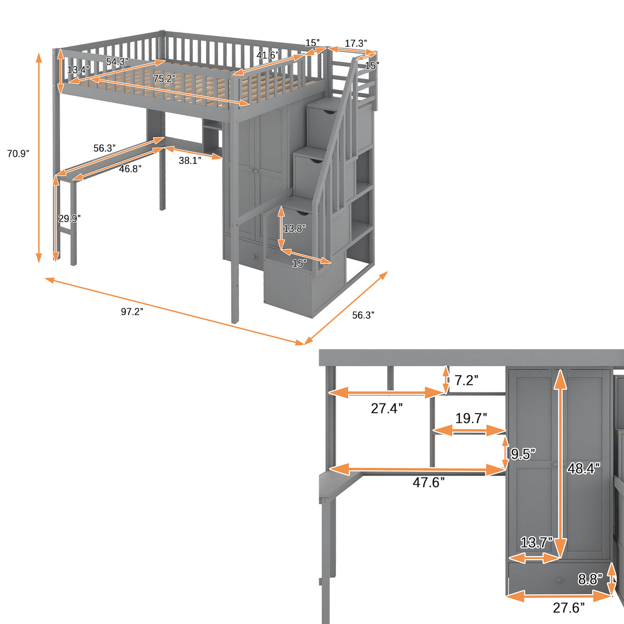 Full size Loft Bed with Bookshelf,Drawers,Desk,and Wardrobe-Gray - Home Elegance USA