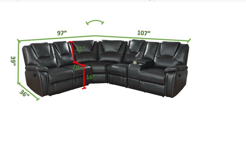 Hong Kong Power Reclining Sectional made with Faux Leather in Black - Home Elegance USA