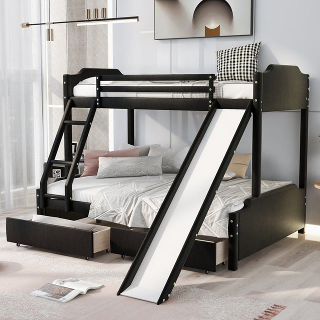 Twin over Full Size Upholstery Bunk Bed with Two Drawers and Slide,Convertible Slide and Ladder, Headboard and Footboard,Black - Home Elegance USA