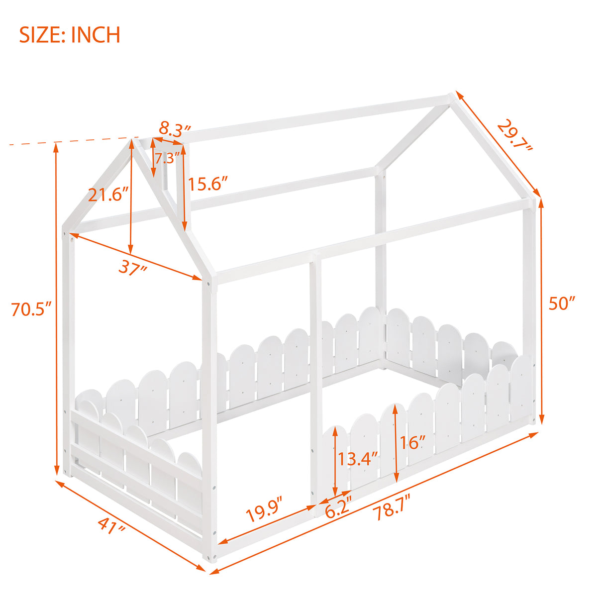 （Slats are not included) Twin Size Wood Bed House Bed Frame with Fence, for Kids, Teens, Girls, Boys (White )(OLD SKU :WF194274AAK)