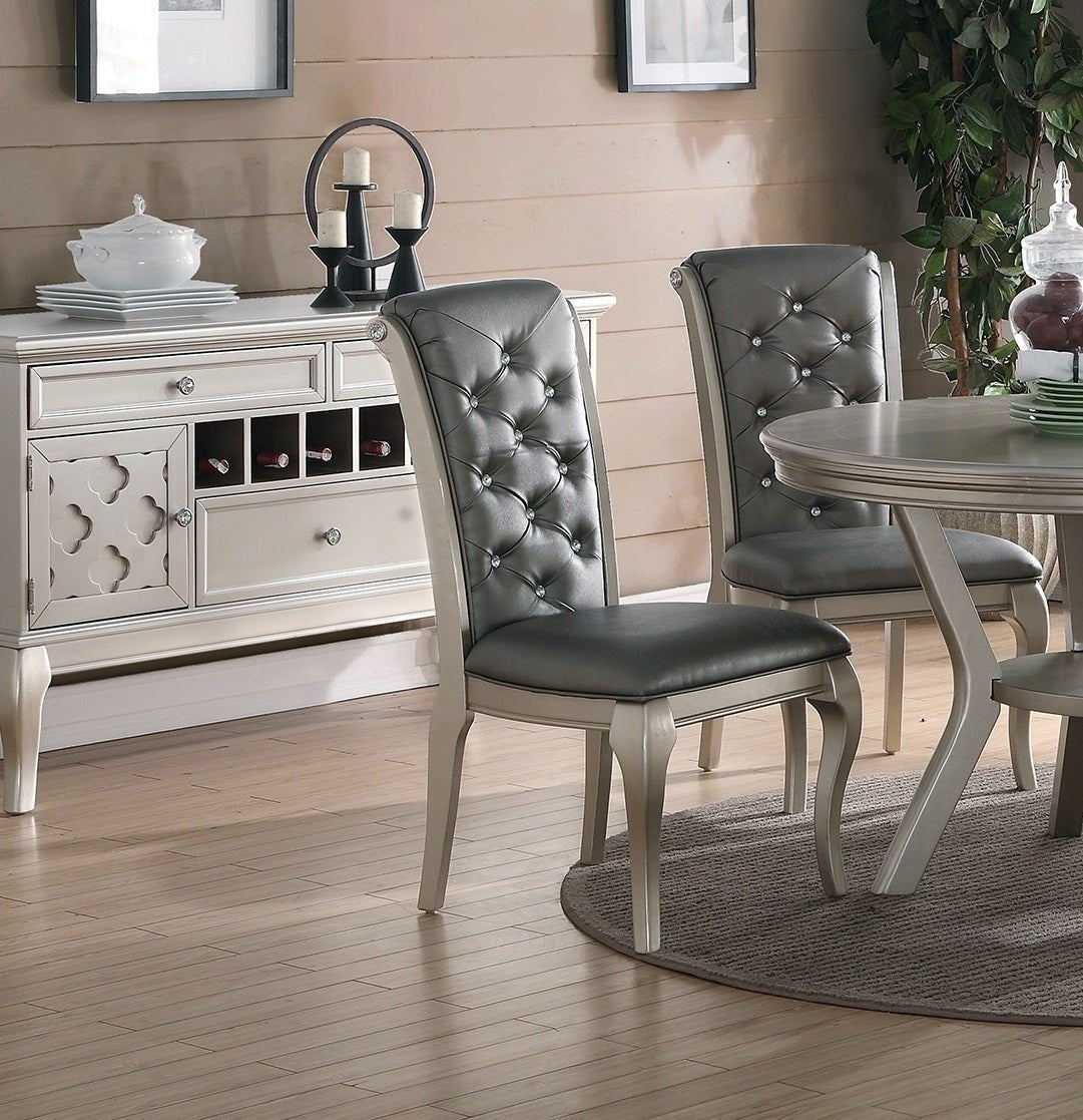Formal Traditional Dining Table Round Table Silver Hue 5pc Dining Table w Shelf 4x Side Chairs Tufted Back Dining Room Furniture - Home Elegance USA