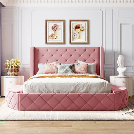 Upholstered Platform Bed Queen Size Storage Velvet Bed with Wingback Headboard and 1 Big Drawer,2 Side Storage Stool(Pink) - Home Elegance USA