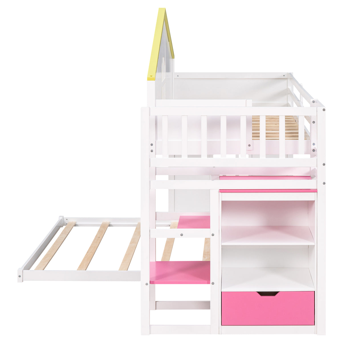 Twin over Full House Bunk Bed with Pink Staircase and Drawer,  Shelves Under the Staircase, House Shaped Bed with Windows, White - Home Elegance USA