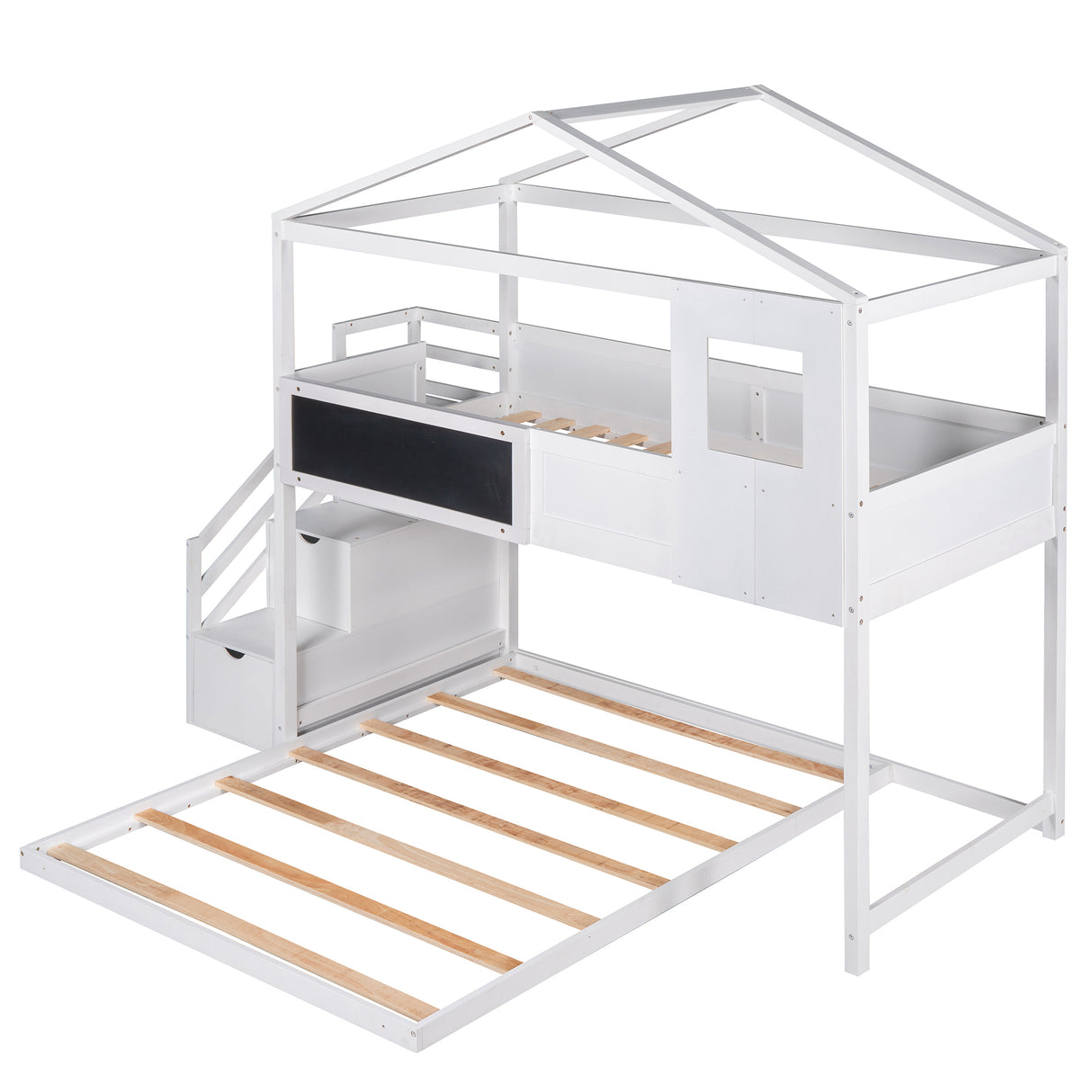 Twin over Full House Bunk Bed with Storage Staircase and Blackboard,White - Home Elegance USA