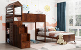 Stairway Twin Over Full Bunk Bed, House Bed with Two Shelves and Seven Drawers,Walnut - Home Elegance USA