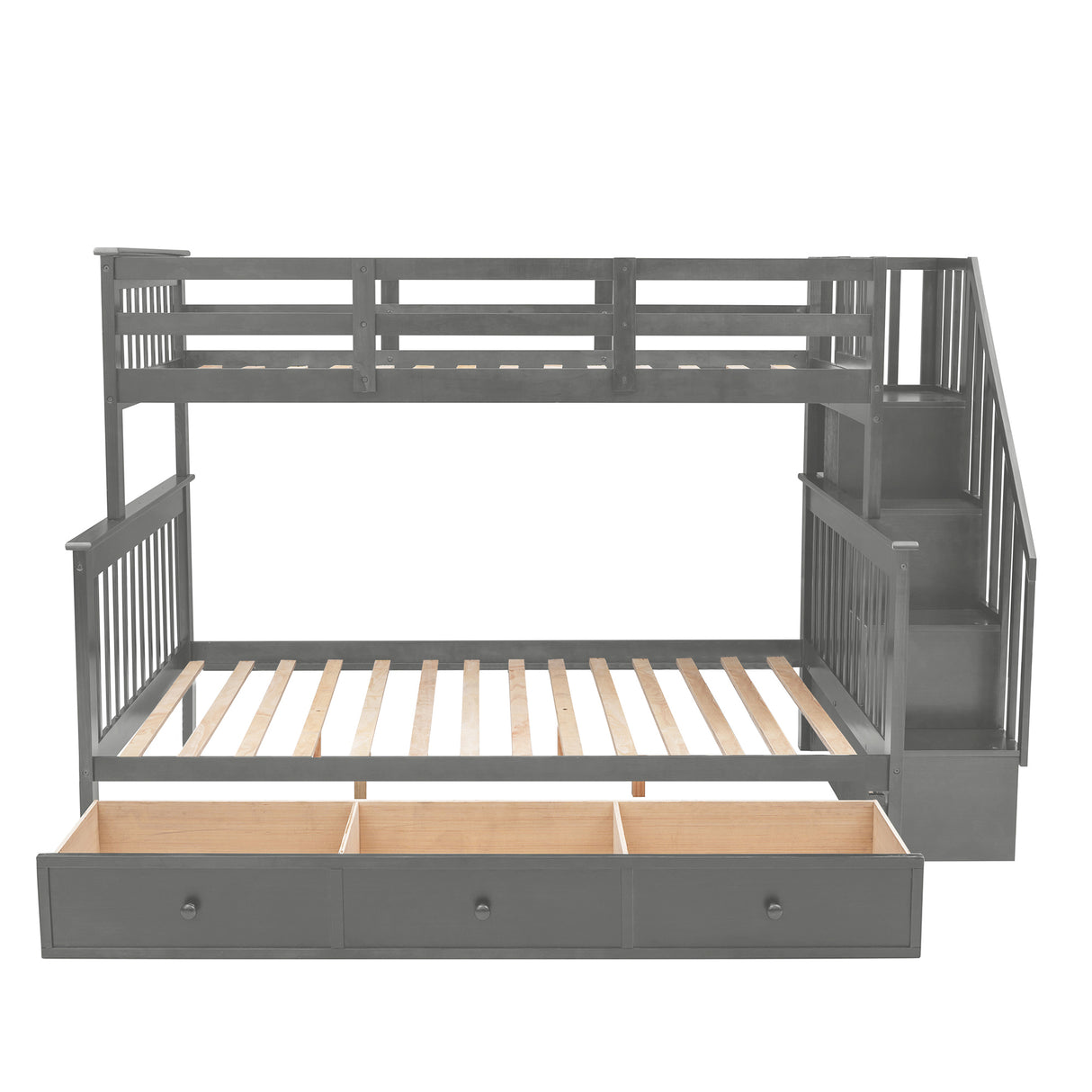 Stairway Twin-Over-Full Bunk Bed with Drawer, Storage and Guard Rail for Bedroom, Dorm, for Adults, Gray color(Old SKU: LP000219AAE) Home Elegance USA