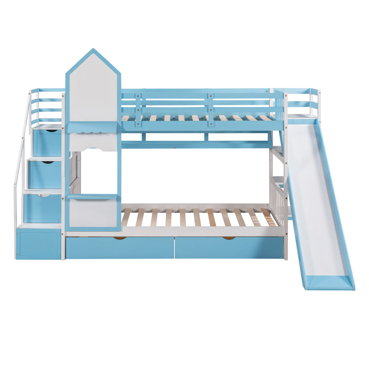 Twin-Over-Twin Castle Style Bunk Bed with 2 Drawers 3 Shelves and Slide - Blue