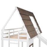 Wood Twin Size House Bunk Bed with Roof, Ladder and Slide, White+Brown