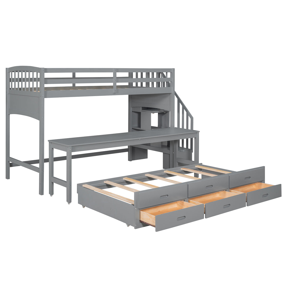 Stairway Twin XL Loft Bed with Twin Size Trundle and 3 Drawers, Storage, Desk, Gray - Home Elegance USA