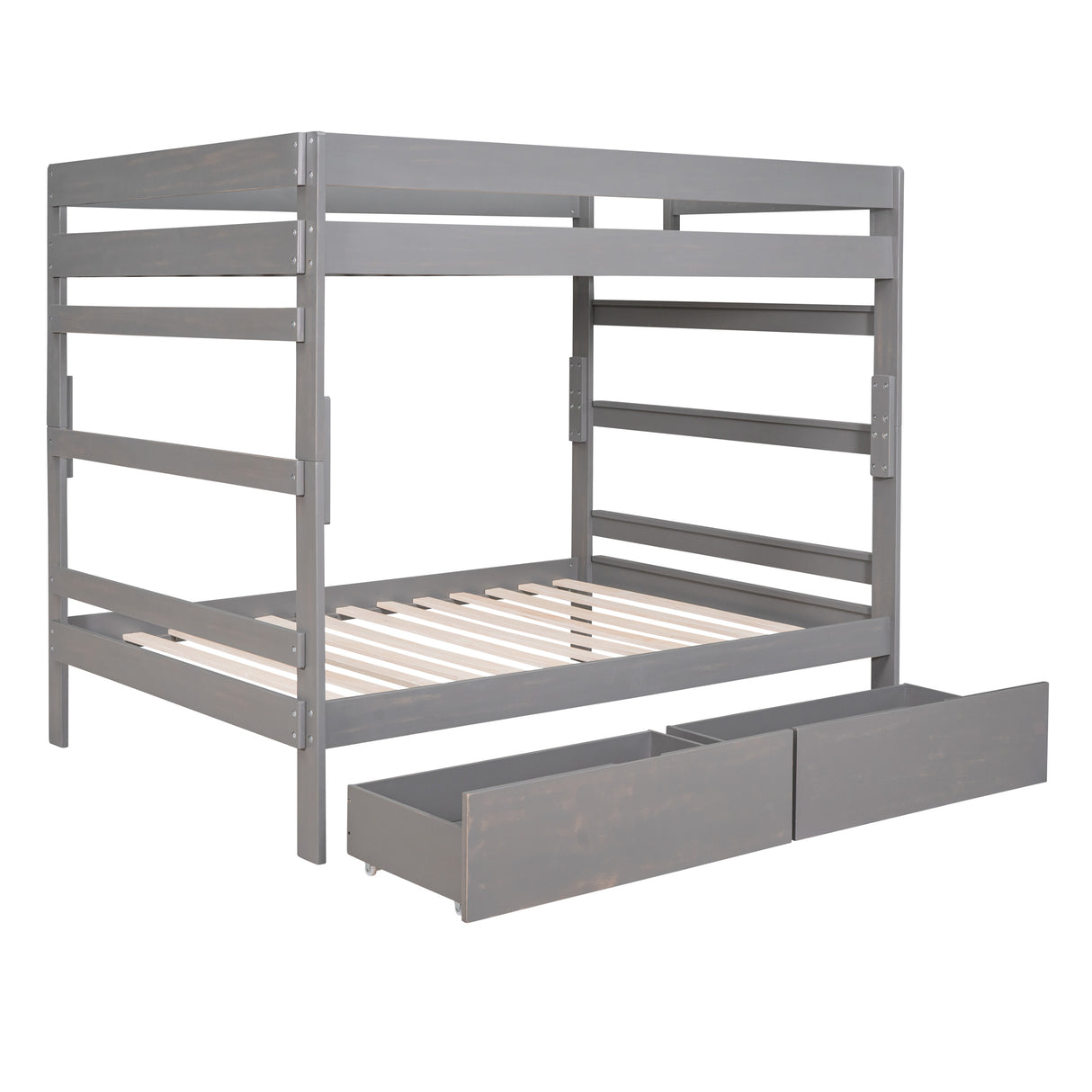 Full over Full Wood Bunk Bed with 2 Drawers, Gray - Home Elegance USA