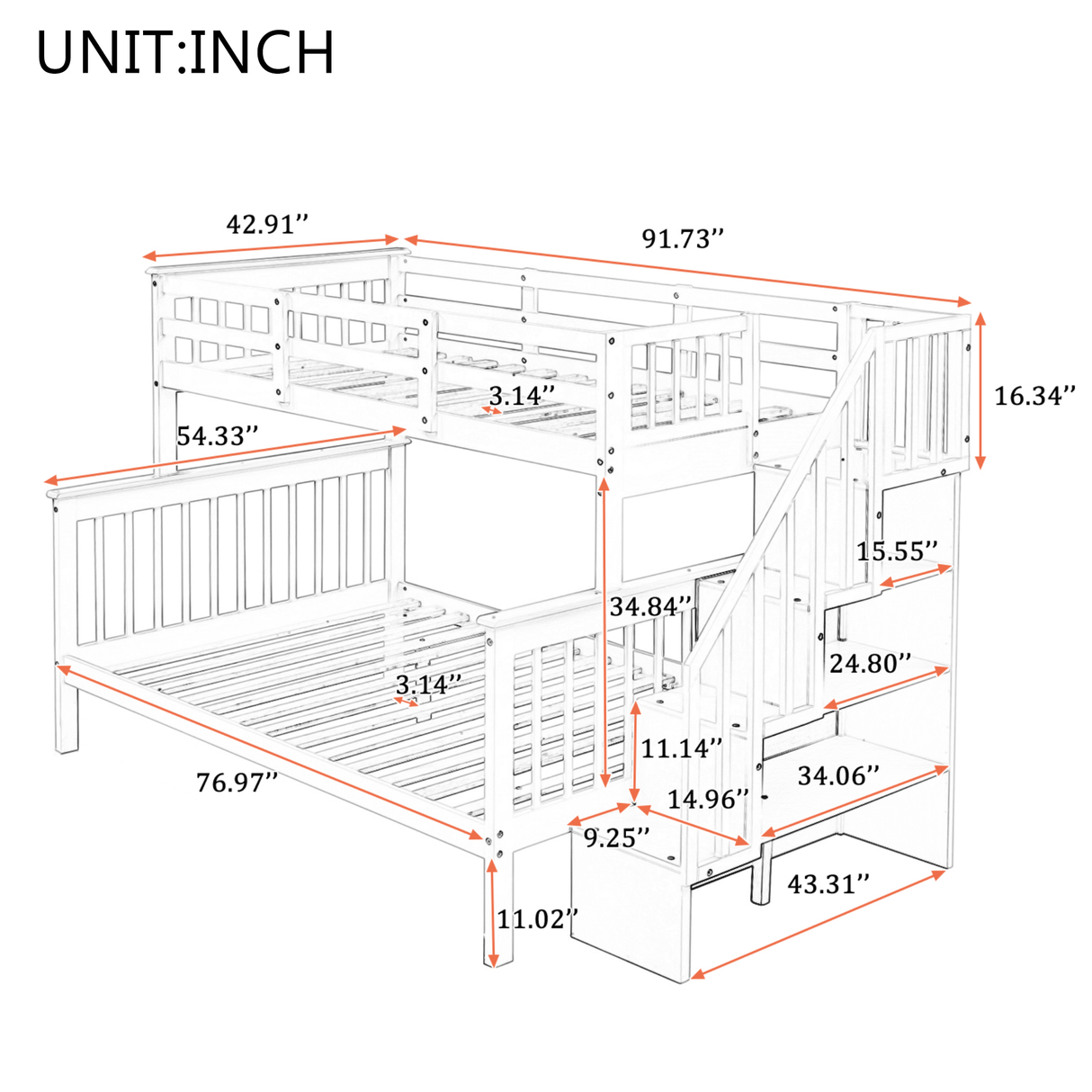 Stairway Twin-Over-Full Bunk Bed with Storage and Guard Rail for Bedroom, White color(OLD SKU :LP000019AAK) - Home Elegance USA