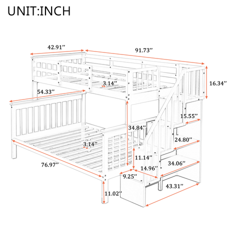Stairway Twin-Over-Full Bunk Bed with Storage and Guard Rail for Bedroom, White color(OLD SKU :LP000019AAK) - Home Elegance USA