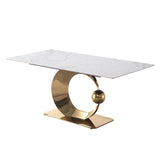 71-Inch Stone DiningTable with Carrara White color and Round special shape stainless steel Gold Pedestal Base - Home Elegance USA