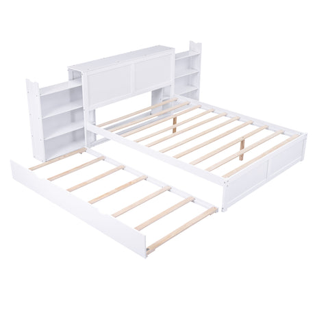 Queen Size Storage Platform Bed with Pull Out Shelves and Twin  XL Size Trundle, White - Home Elegance USA