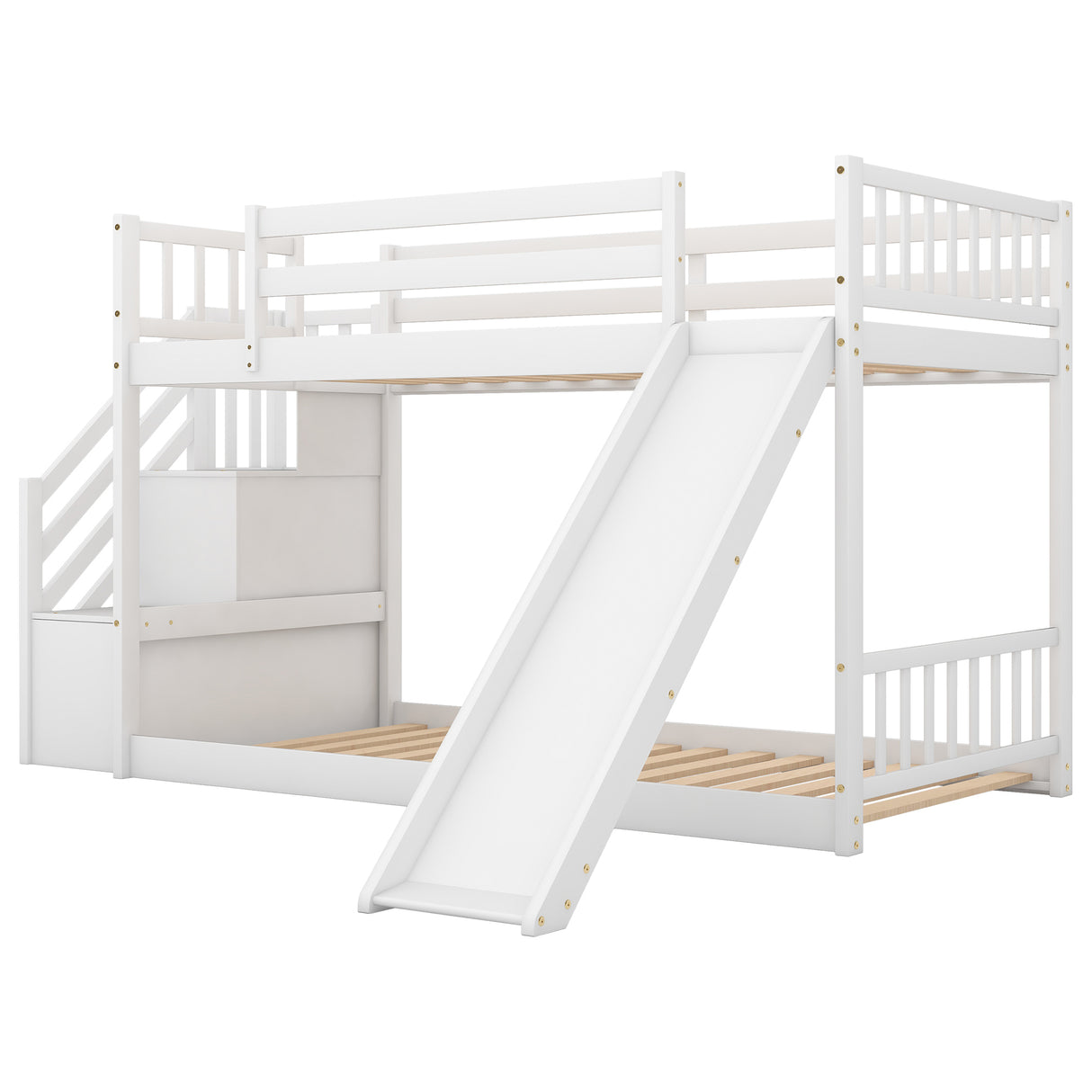 Twin over Twin Bunk Bed with Convertible Slide and Stairway, White - Home Elegance USA