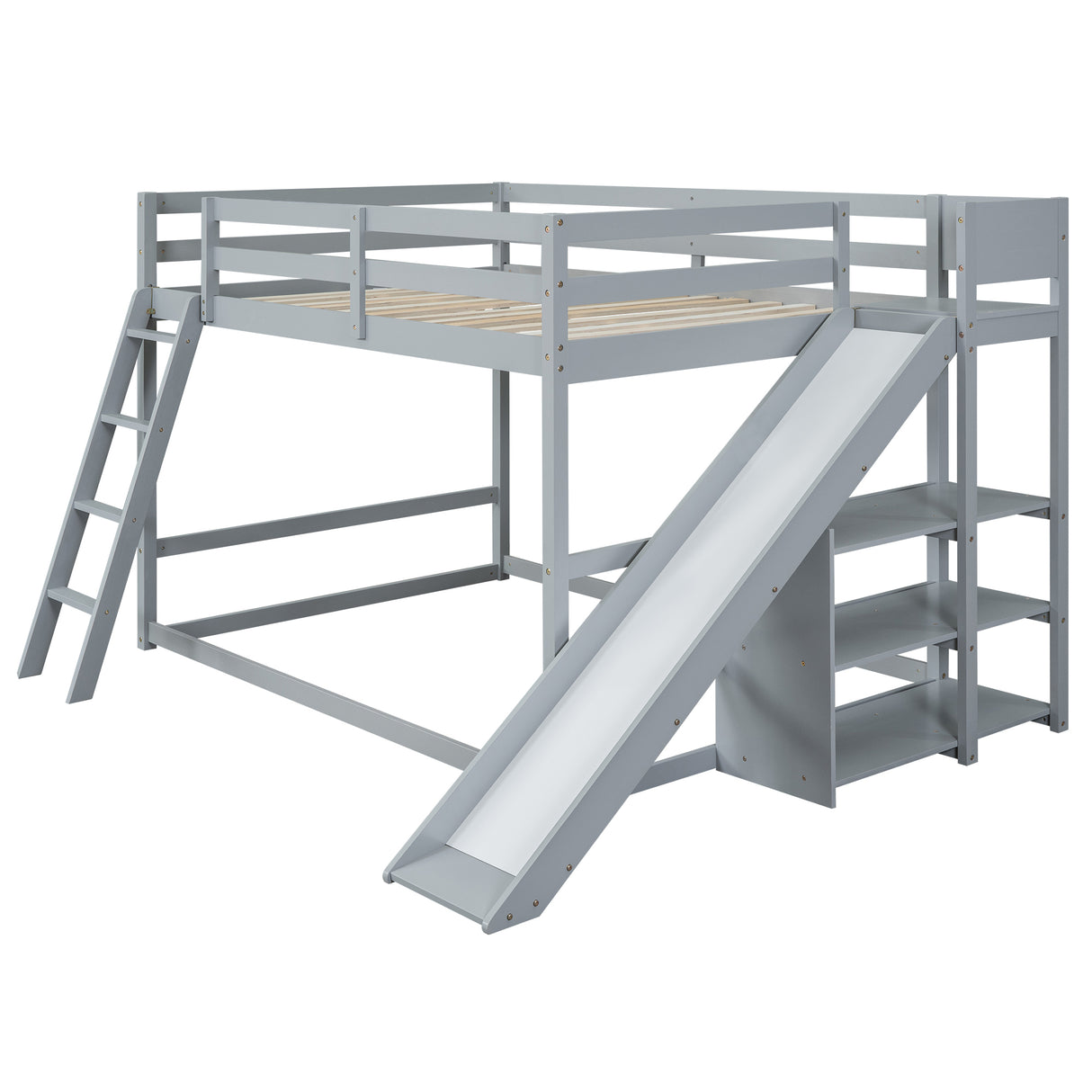 Full over Full Bunk Bed with Ladder, Slide and Shelves, Gray - Home Elegance USA